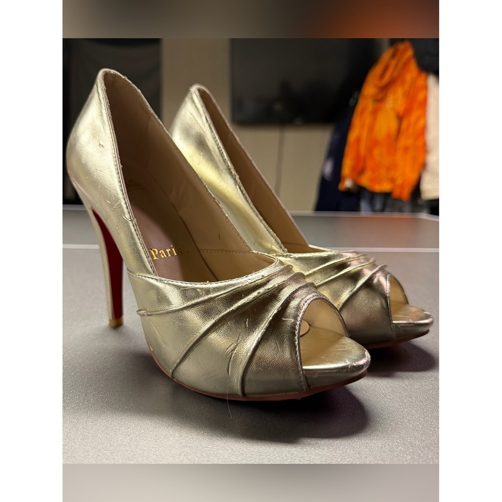 Christian Louboutin Gold Metallic Peep-Toe Red Bottom Platform Pump Heels 37/6.5